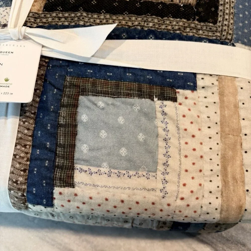 Pottery Barn Lassen Handcrafted Blue Patchwork Cotton Quilt Full/Queen NWT